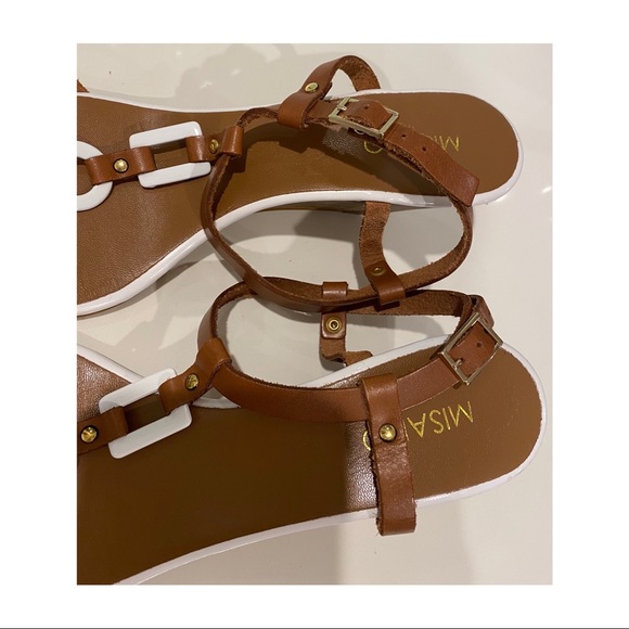 MISANO TAN WEDGE ITALIAN LEATHER T BAR SANDALS - Picture 3 of 9